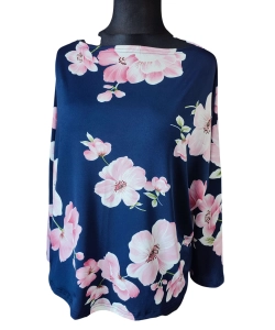 Granatowa bluzka Kimono w łódeczkę ze wzorem - białe magnolie